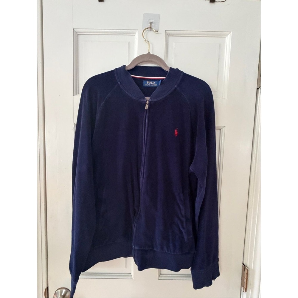 Polo Ralph Lauren Mens L Navy Velour Track Jacket Full Zip Red Pony Y2K